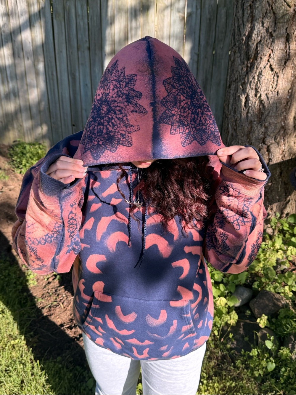 Tie-Dye Bleached Hooded Pullover with Floral Mandala Print